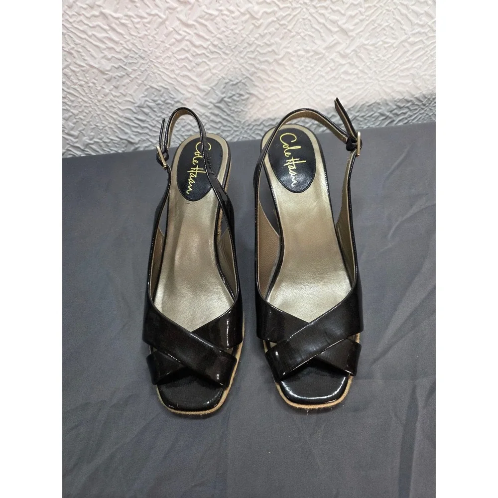 Cole Haan Nike Air Black Patent Leather Espadrille‎ Wedge Slingback Sandals 7.5